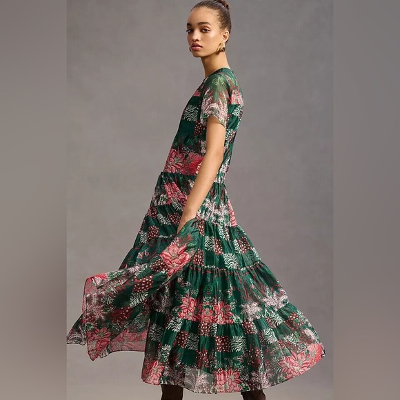 NWT Anthropologie Bhanuni Jyoti Tiered Short Sleeve Maxi Floral Tropical Dress - Picture 2 of 16